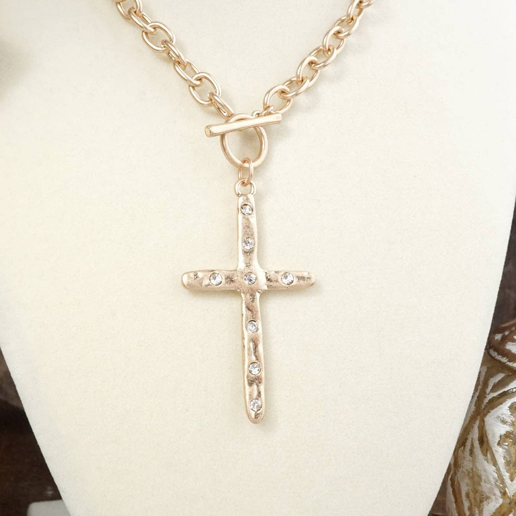 Divine Simplicity – Hammered Cross Front Toggle Necklace: Worn Gold Tone