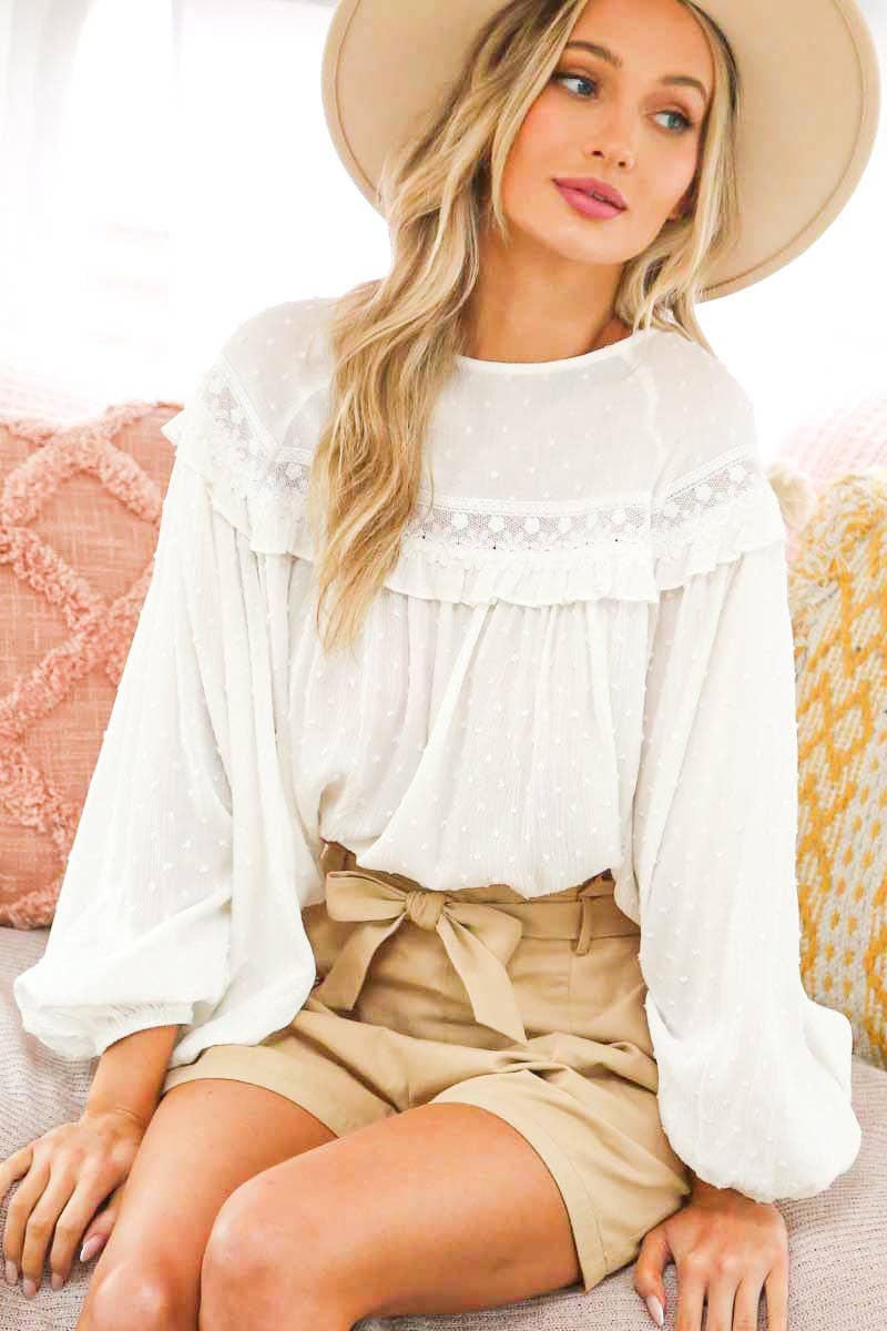 Lace-Up Back Detail Swiss Dot Patterned Blouse: Natural