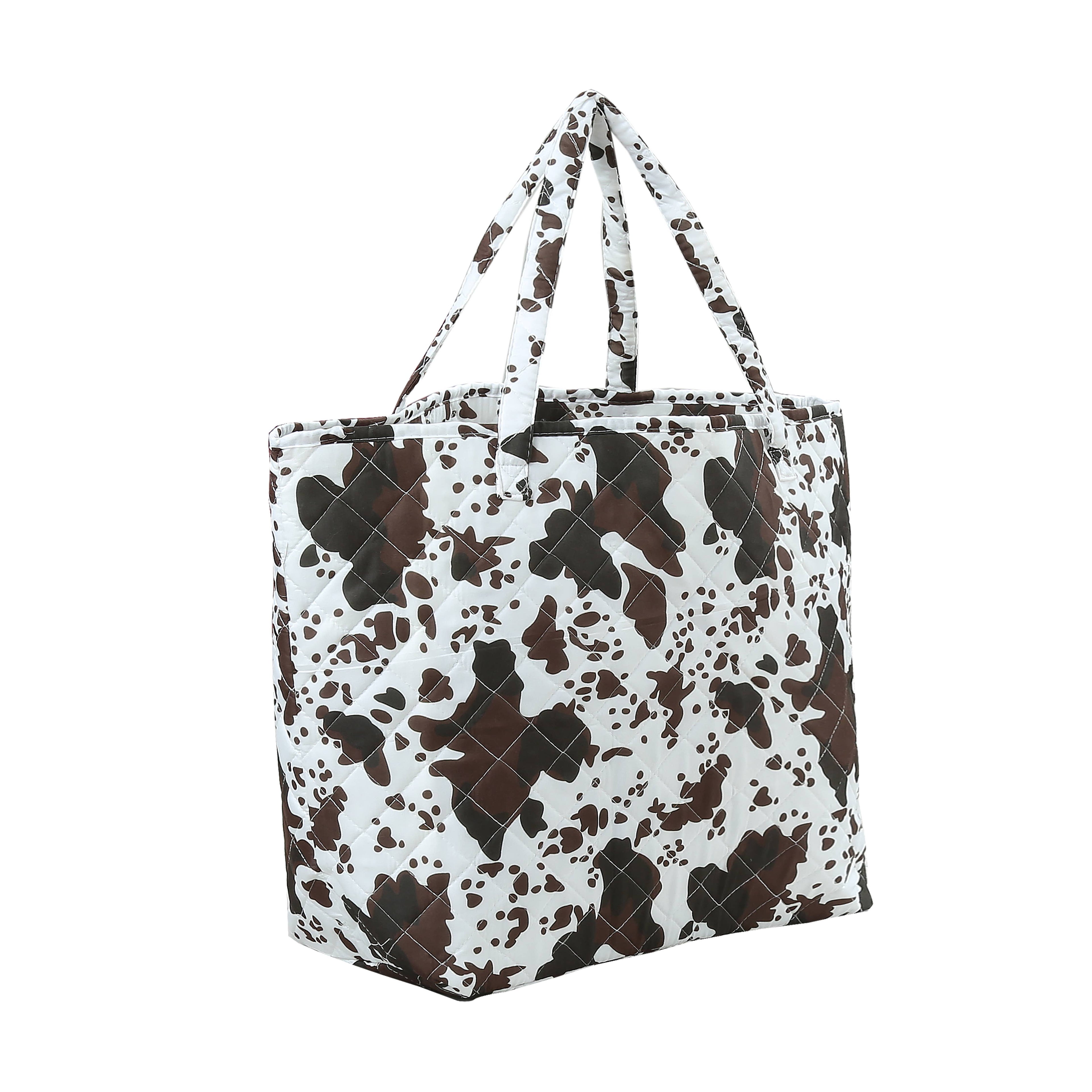 Black Brown Cow Print Quilted Tote Bag