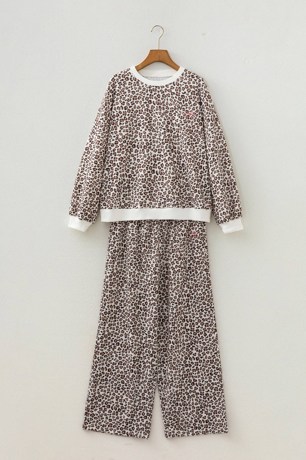 OMG! Leopard Bow Embroidered Colorblock Top & Pants Set: Khaki