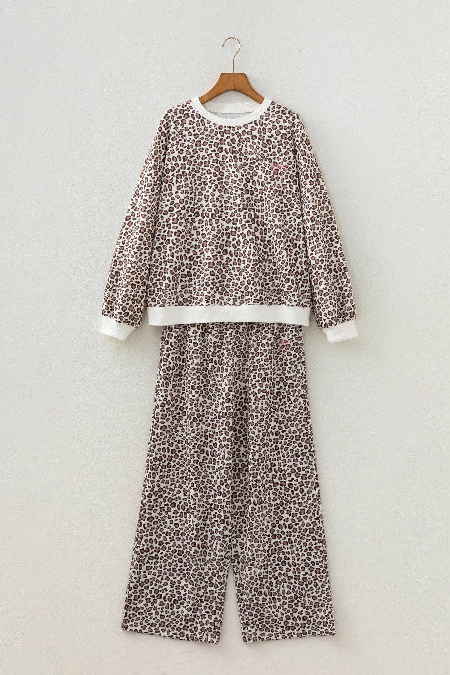 OMG! Leopard Bow Embroidered Colorblock Top & Pants Set: Khaki