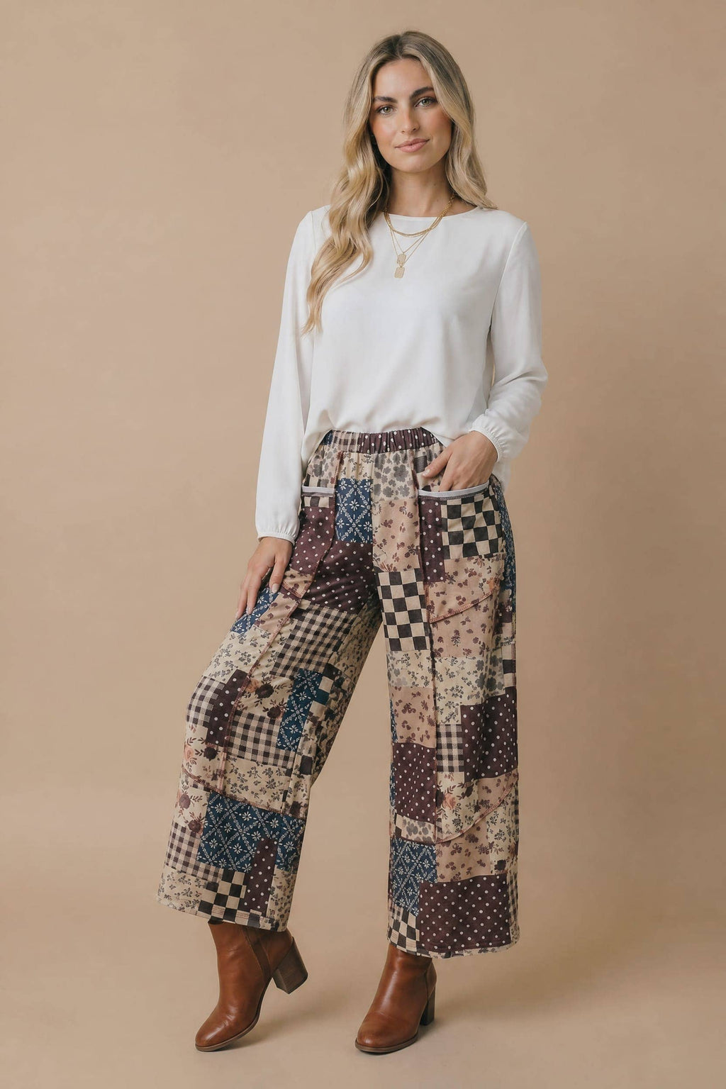 Patchwork Floral French Terry Pants: BROWN