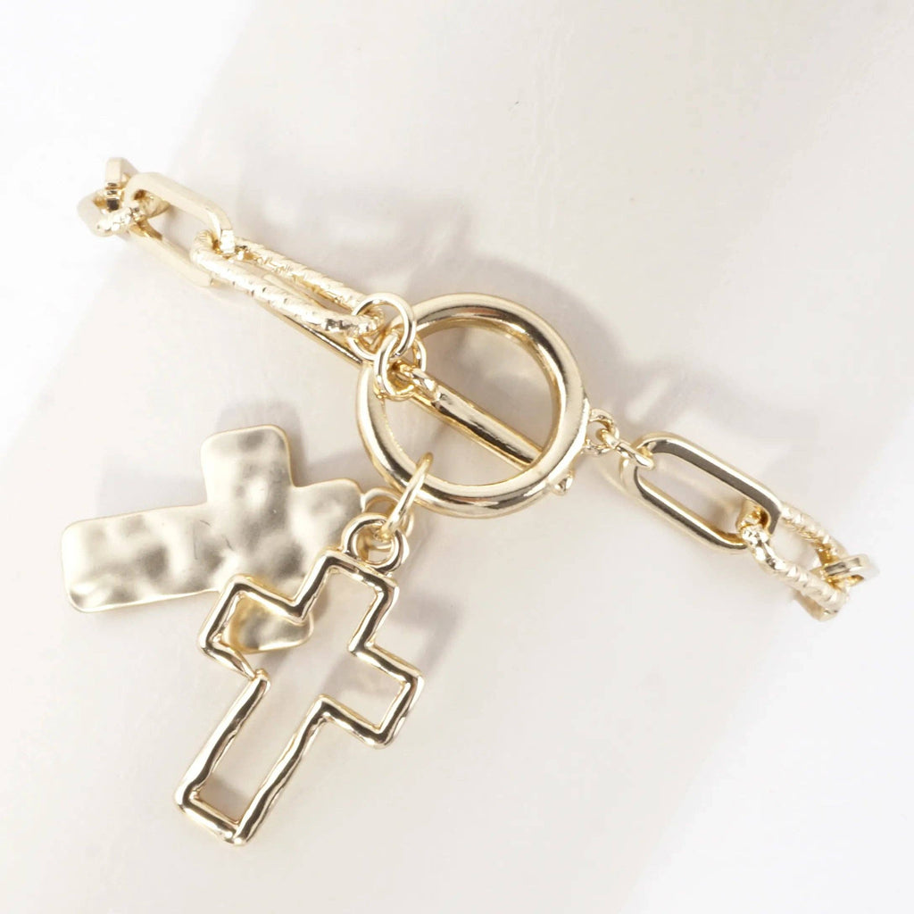 Hammered Cross Cluster Charm Toggle Bracelet: Gold Matte Gold