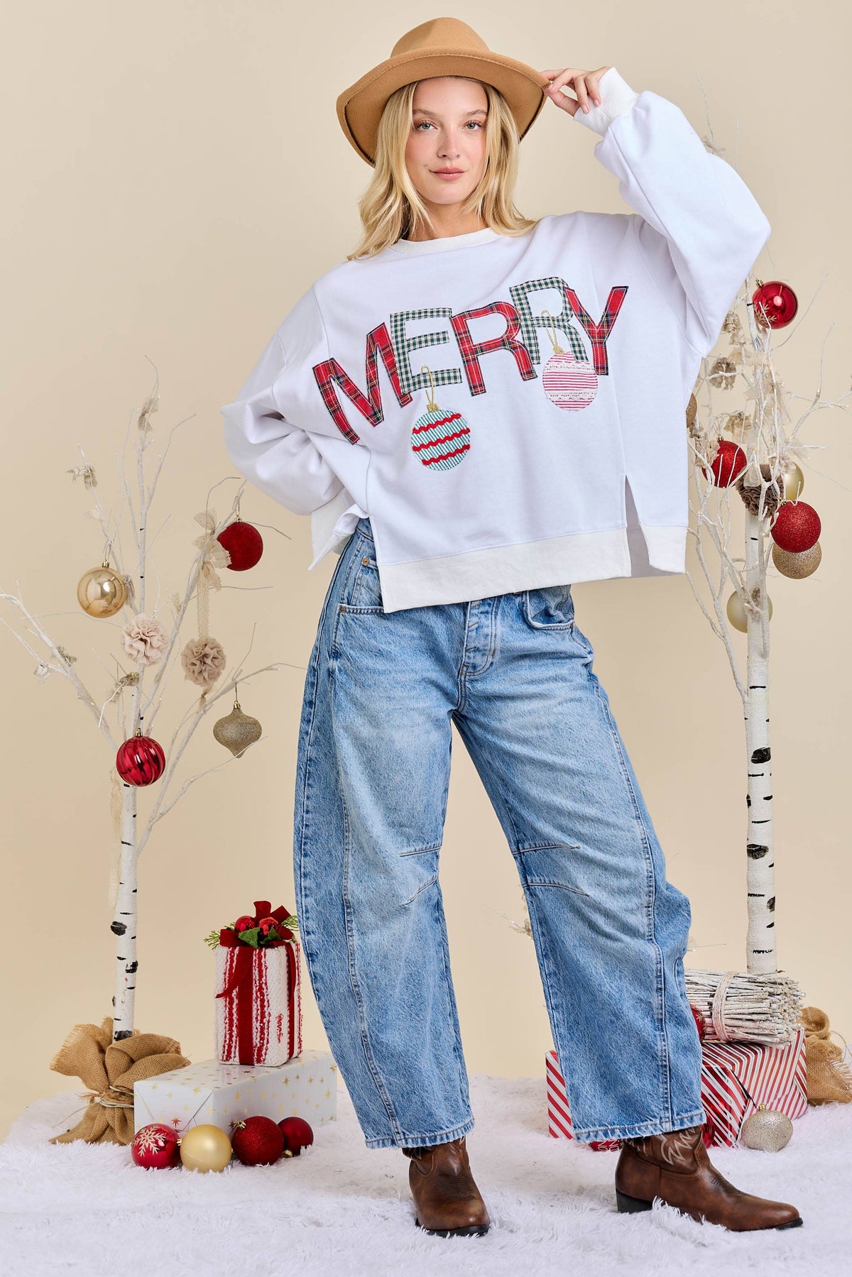 Merry With Ornament Patchwork Oversized Long Sleeve Top
