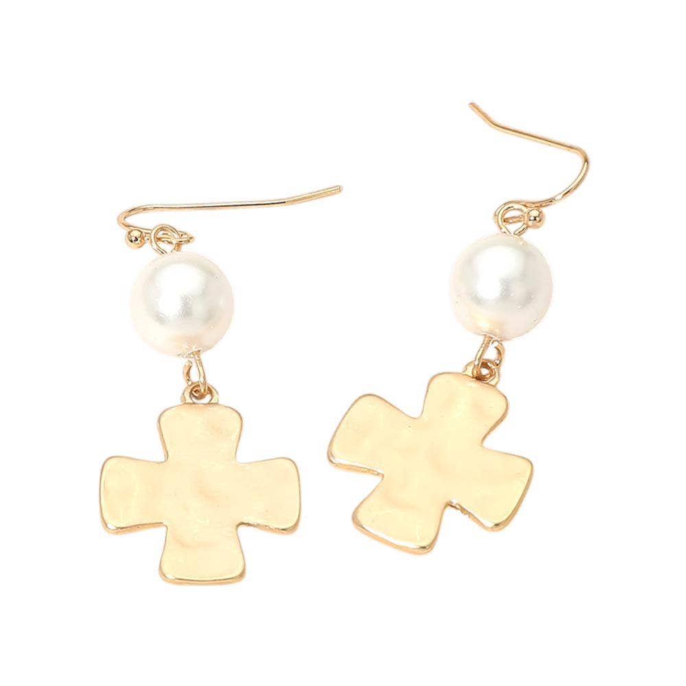 Matte Hammered Metal Cross Pearl Link Drop Earrings: Gold