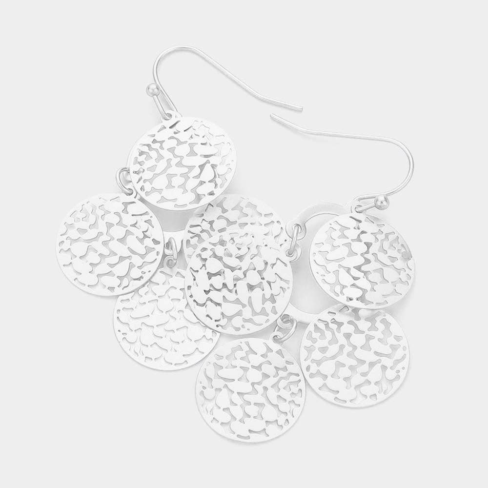 Layered Filigree Metal Disc Dangle Earrings: Matte Silver