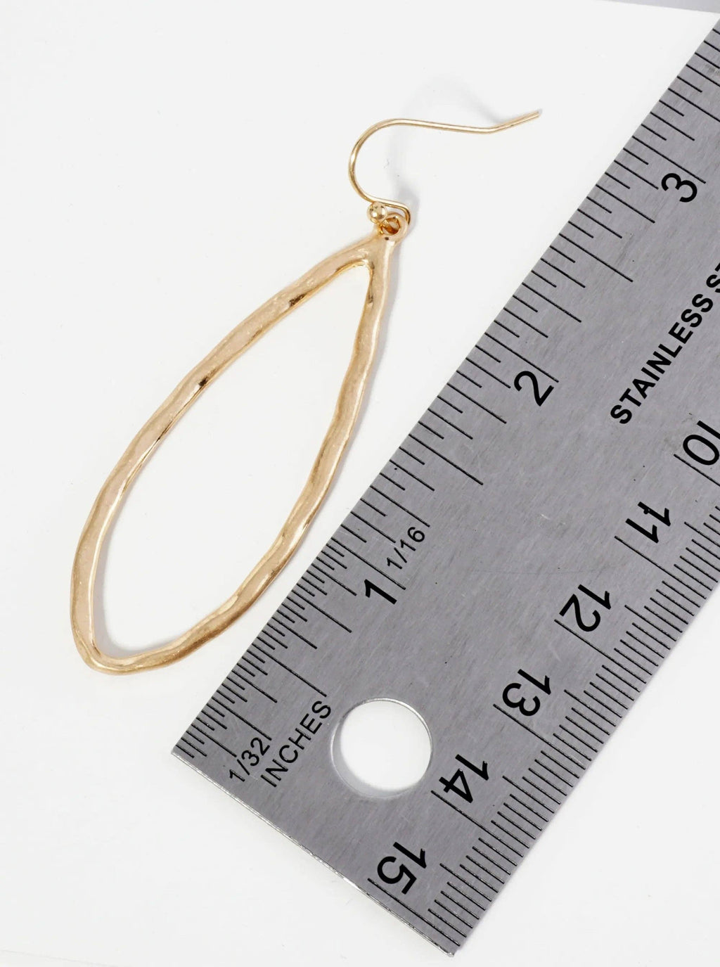Hammered Metal Elongated Teardrop Dangle Earrings: WORN GOLD