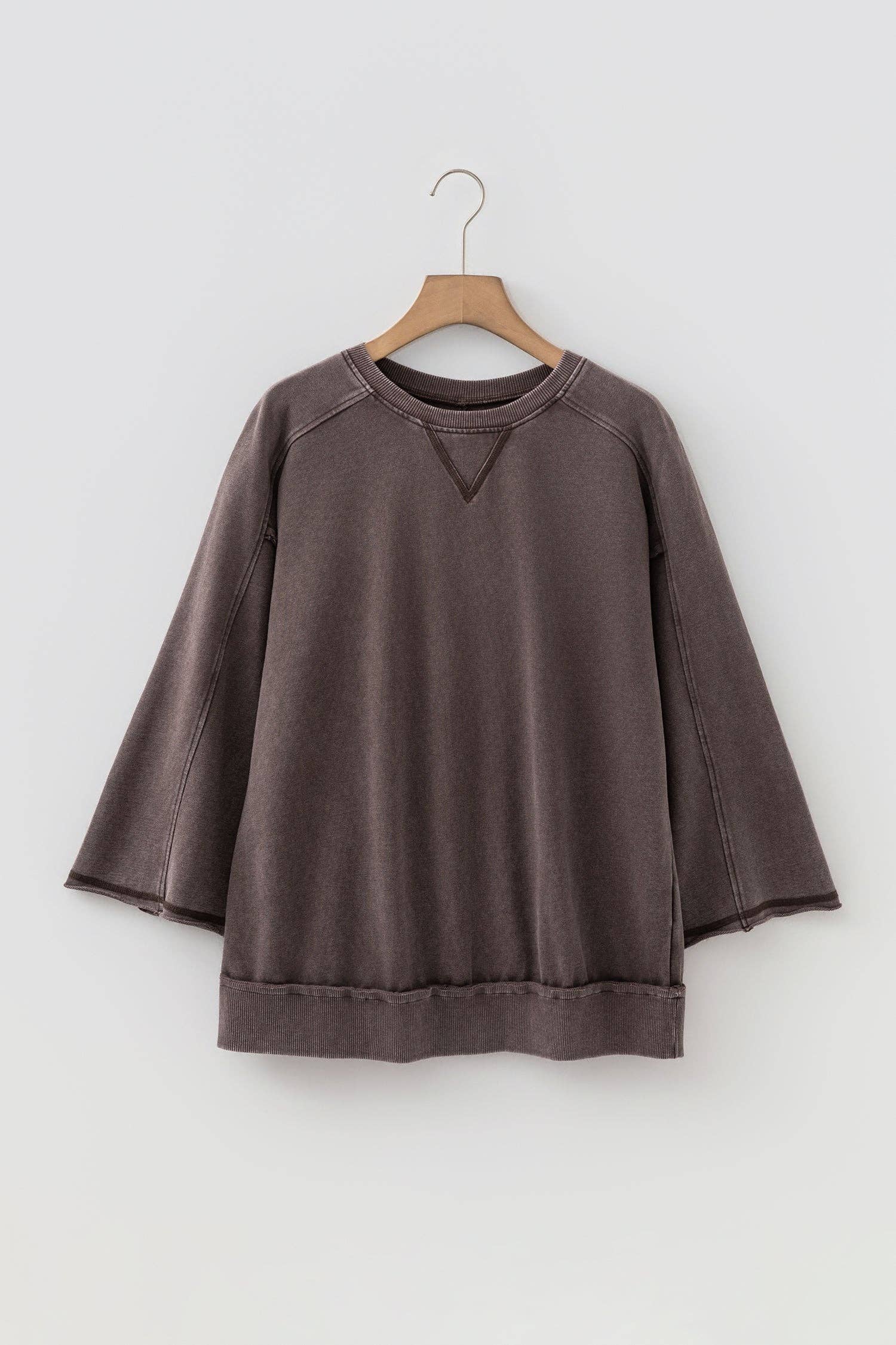 OMG! Mineral Wash Reverse Seam 3/4 Sleeve Top: Dark Brown