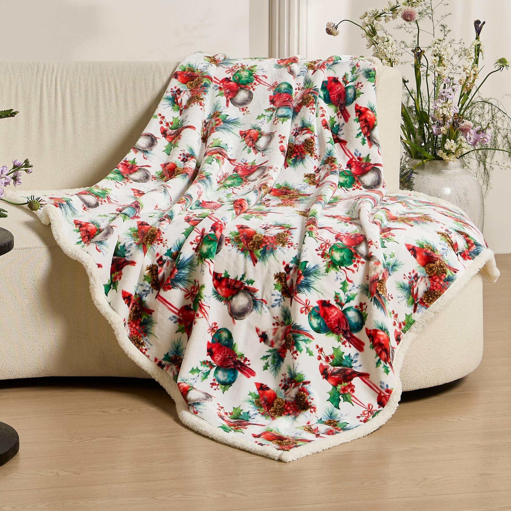 Winter Cardinal Faux Fur & Sherpa Throw Blanket