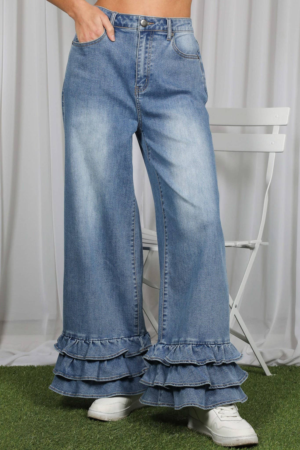 Flared Ruffle Hem Cropped Pants Denim Jeans: Denim Blue