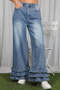 Flared Ruffle Hem Cropped Pants Denim Jeans: Denim Blue