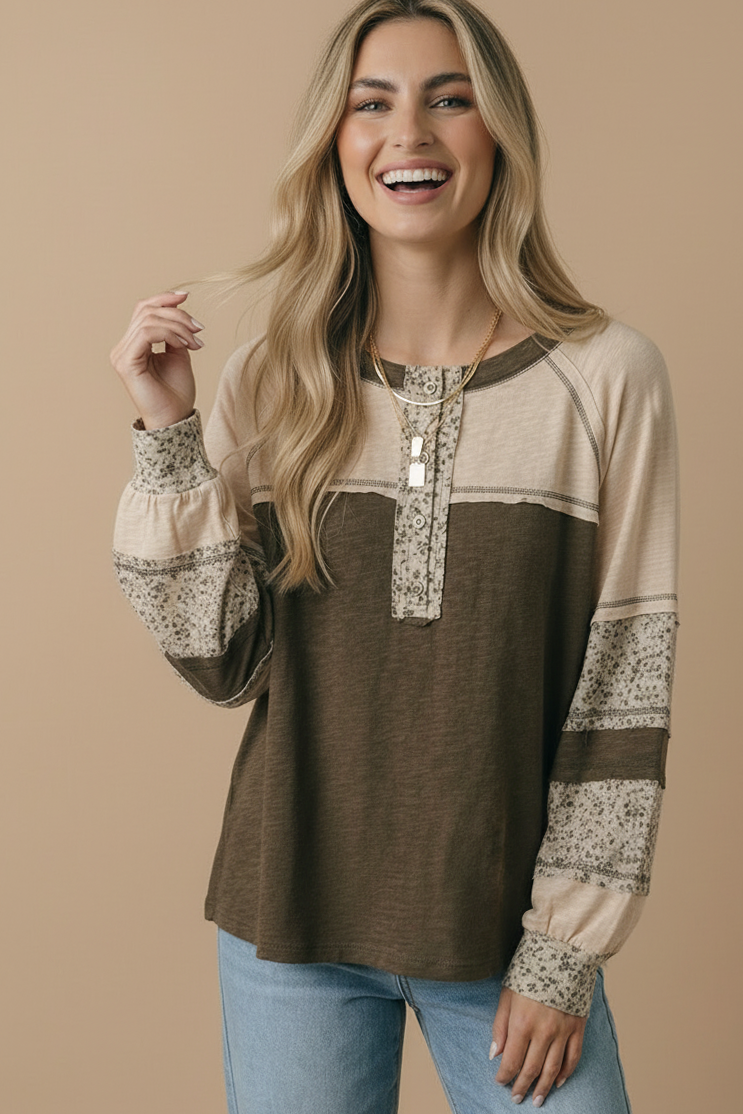 Round Neck Floral Color Block Cotton Slub Top: OLIVE