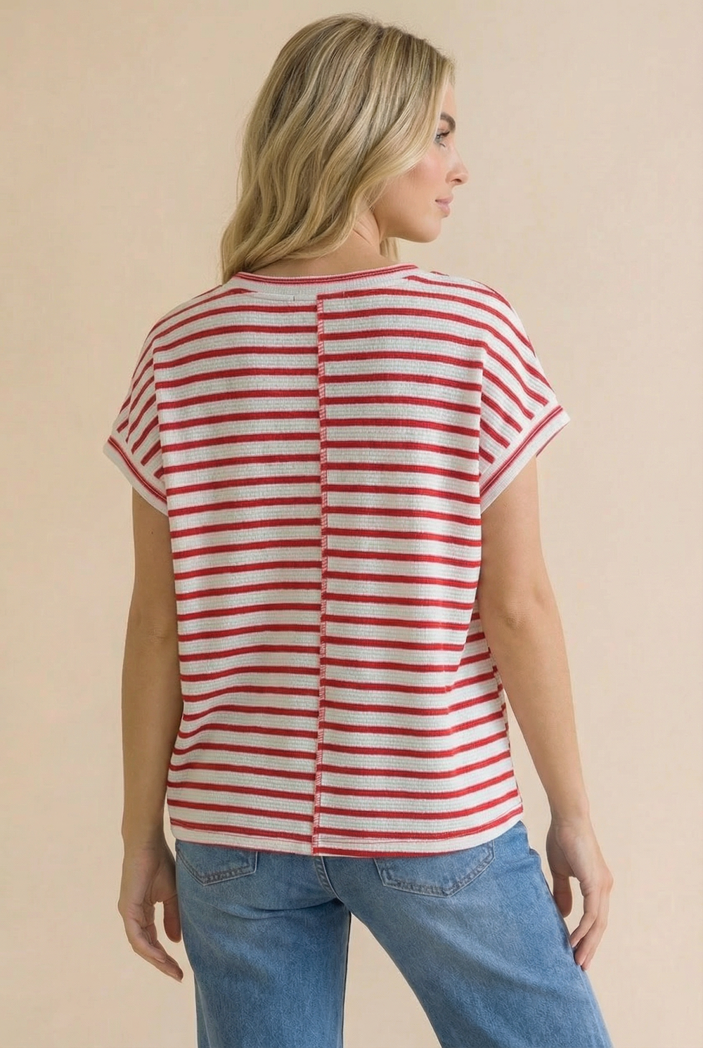 Round Neck Oversized Dolman Stripe Knit Top: RED