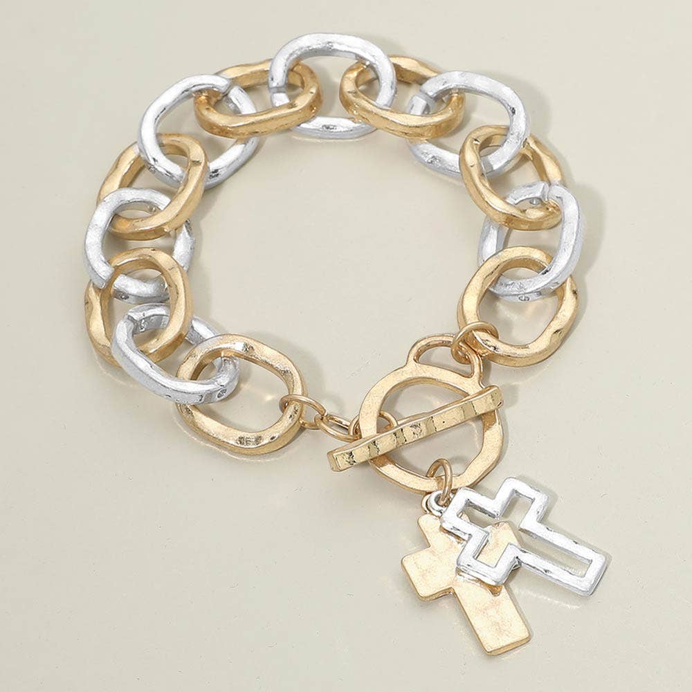Hammered Layered Cross Charm Chunky Chain Toggle Bracelet: Worn Gold,Worn Silver