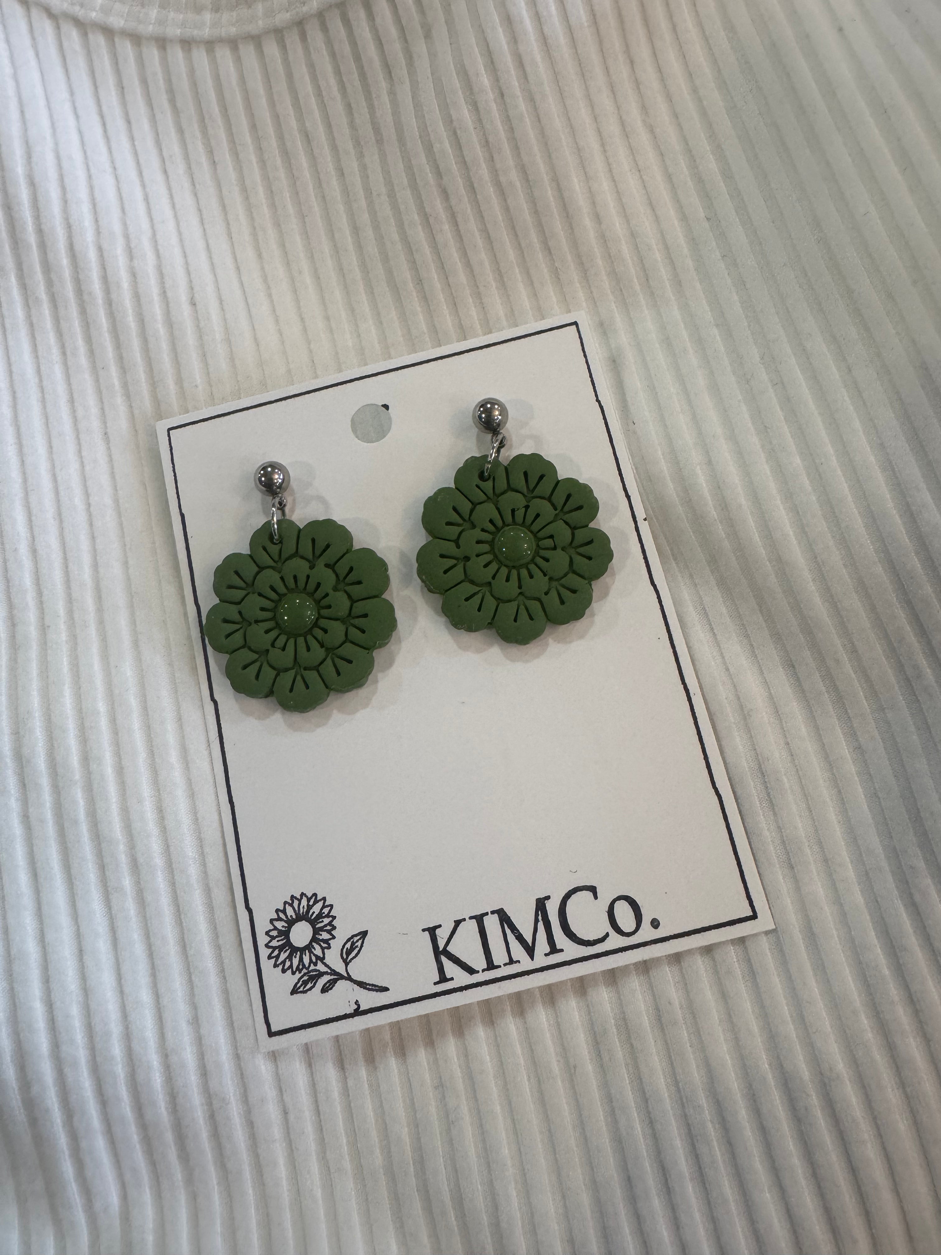 Polymer Clay Earrings - Everyday - Embossed Flower: Olive / Stainless Steel Ball Pose