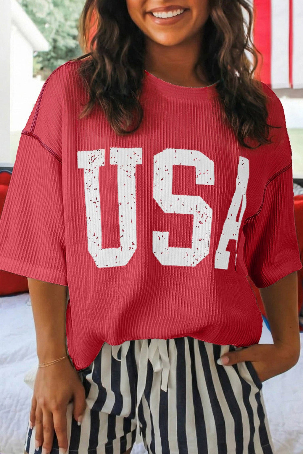 USA Graphic Half Sleeve Loose Ribbed Top: Fiery Red