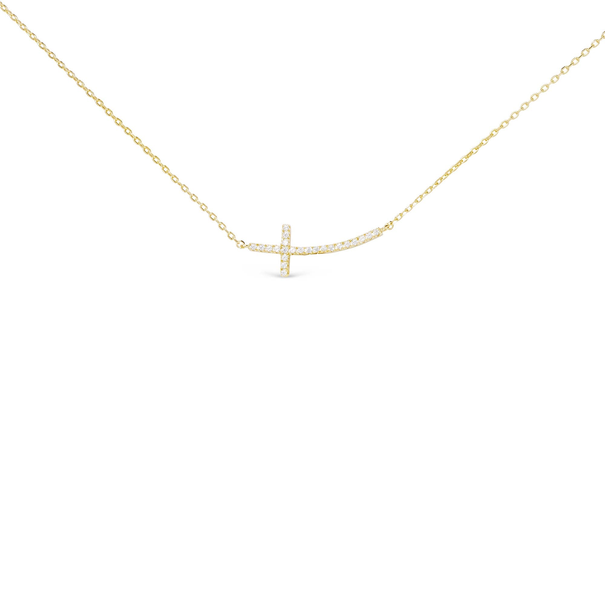 Gold CZ Curved Laying Cross Necklace