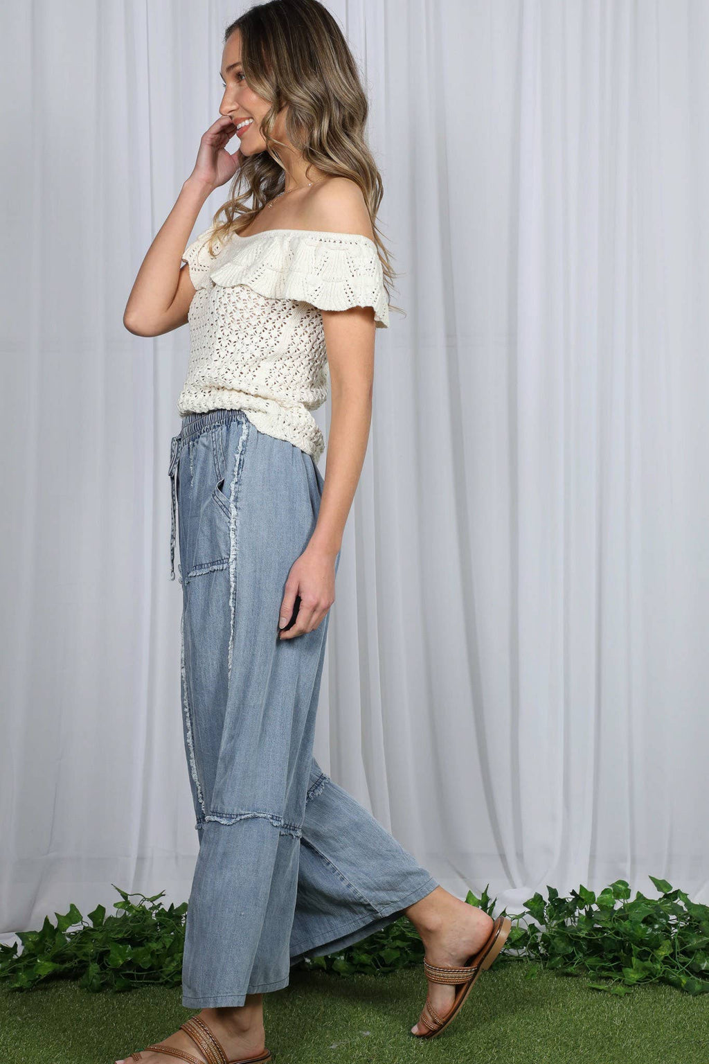 Self Fray 100%Tencel Chambray Washed Palazzo Pants: Washed Denim
