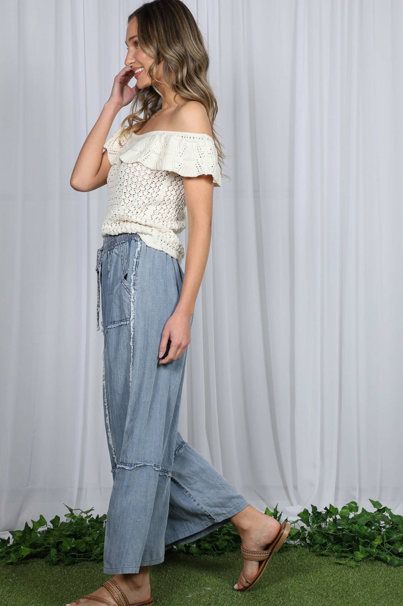 Self Fray 100%Tencel Chambray Washed Palazzo Pants: Washed Denim