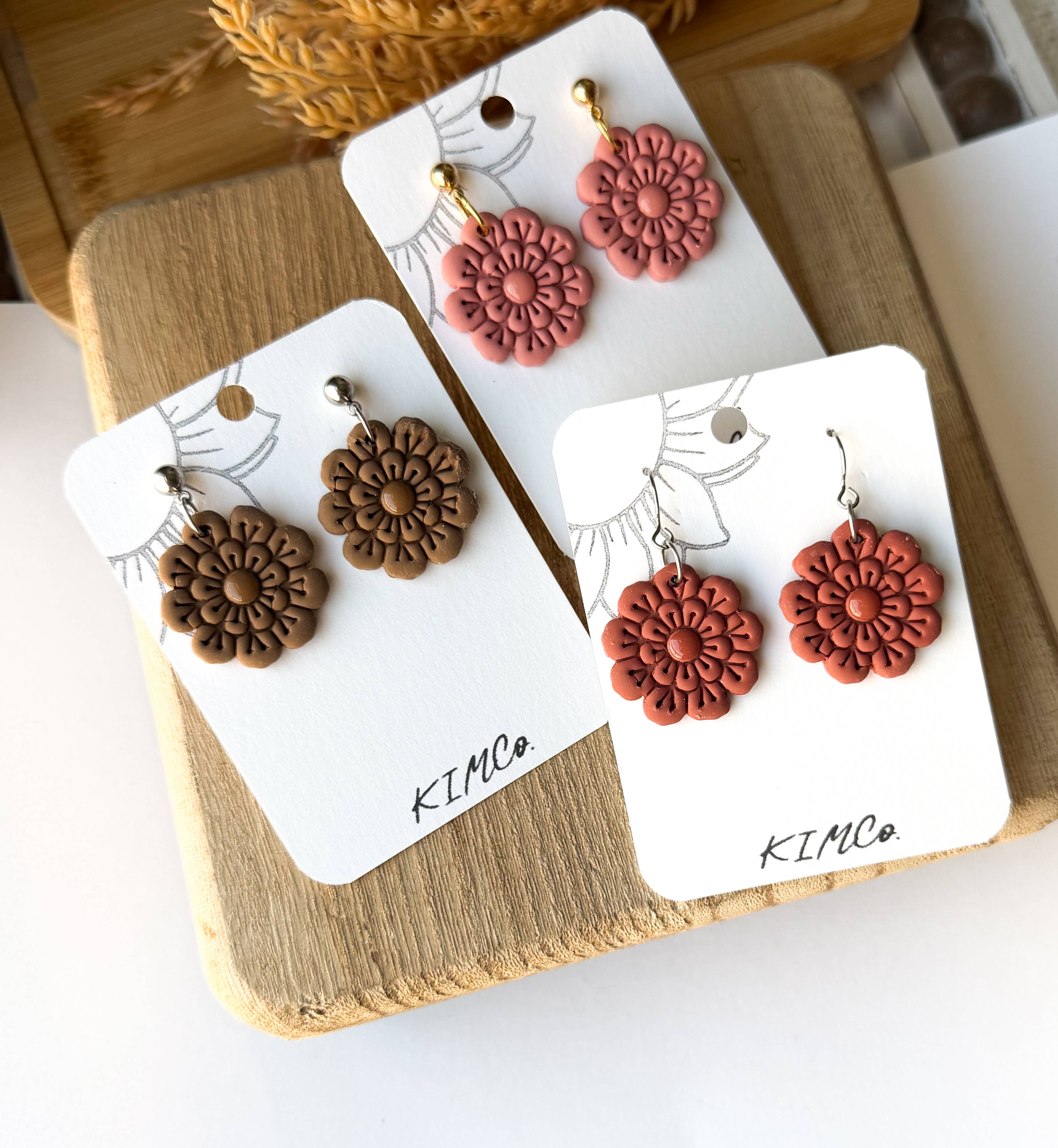 Polymer Clay Earrings - Everyday - Embossed Flower: Olive / Gold Plated Fishhook