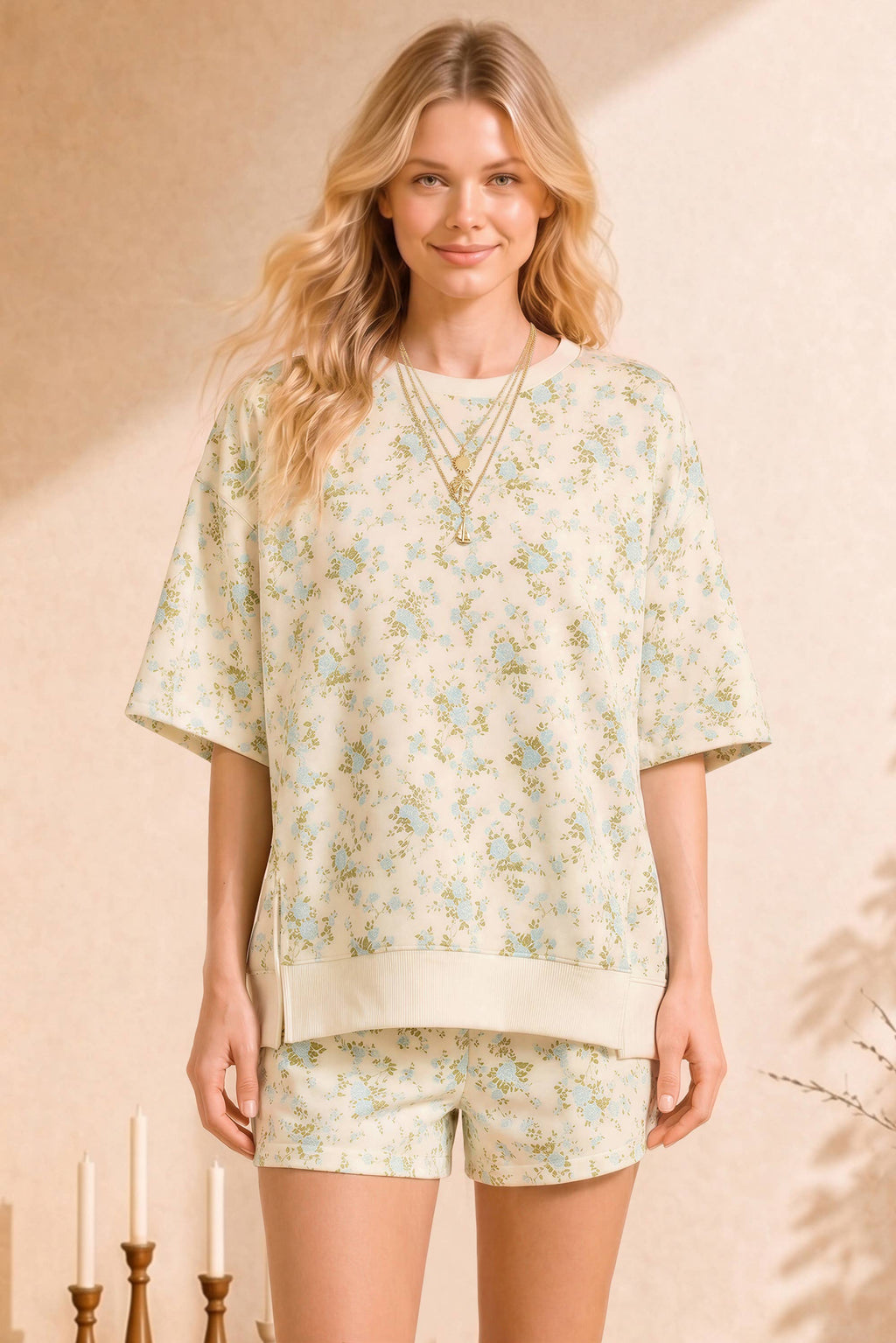 Floral printed oversized knit  top with matching shorts: PINK MULTI