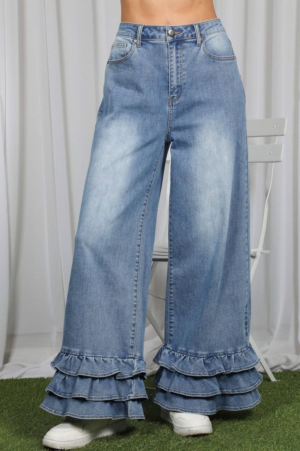 Flared Ruffle Hem Cropped Pants Denim Jeans: Denim Blue