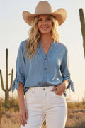 V-Neck Bow & Short Sleeve 100%Tencel Denim Blouse: Light Denim
