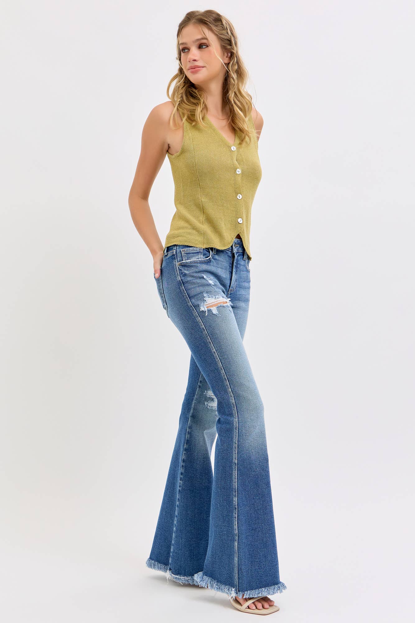 Cello Mid Rise Super Flare with Frayed Hem