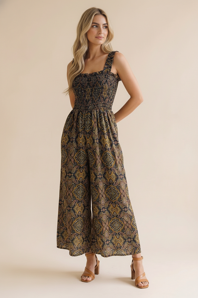 Frilled Paisley Smocking Wide Leg Jumpsuit