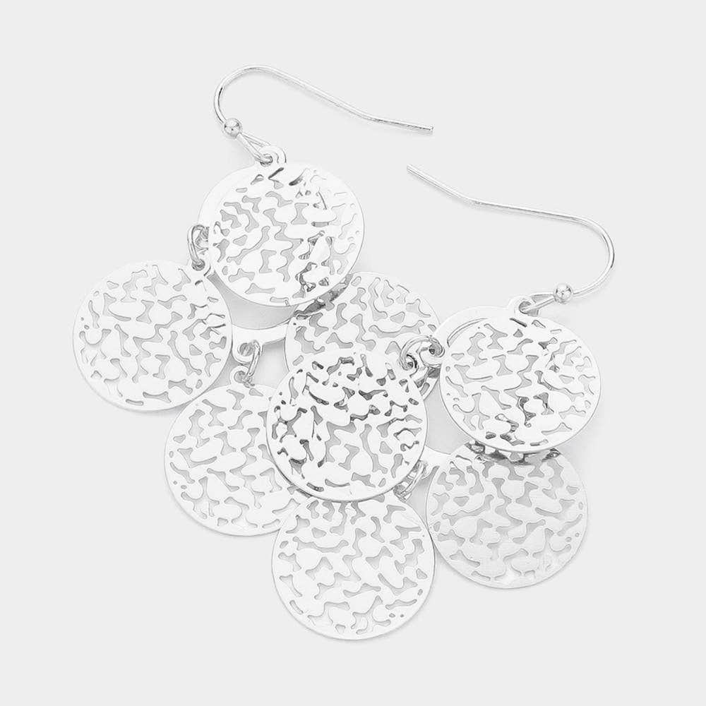 Layered Filigree Metal Disc Dangle Earrings: Rhodium