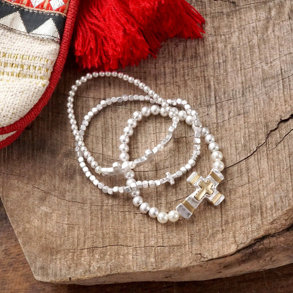 Cross Beaded bracelets set in Worn Silver tone boho style