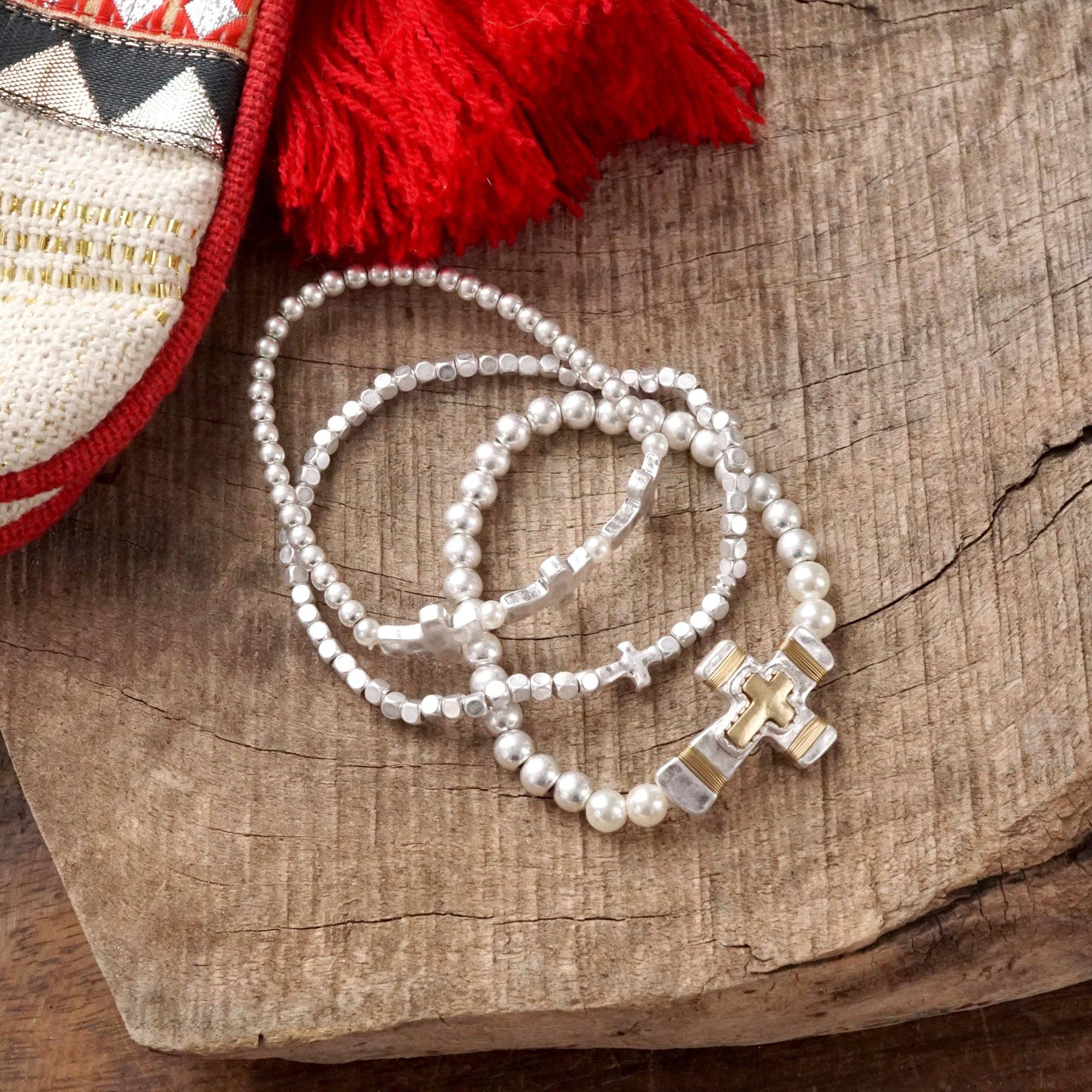 Cross Beaded bracelets set in Worn Silver tone boho style