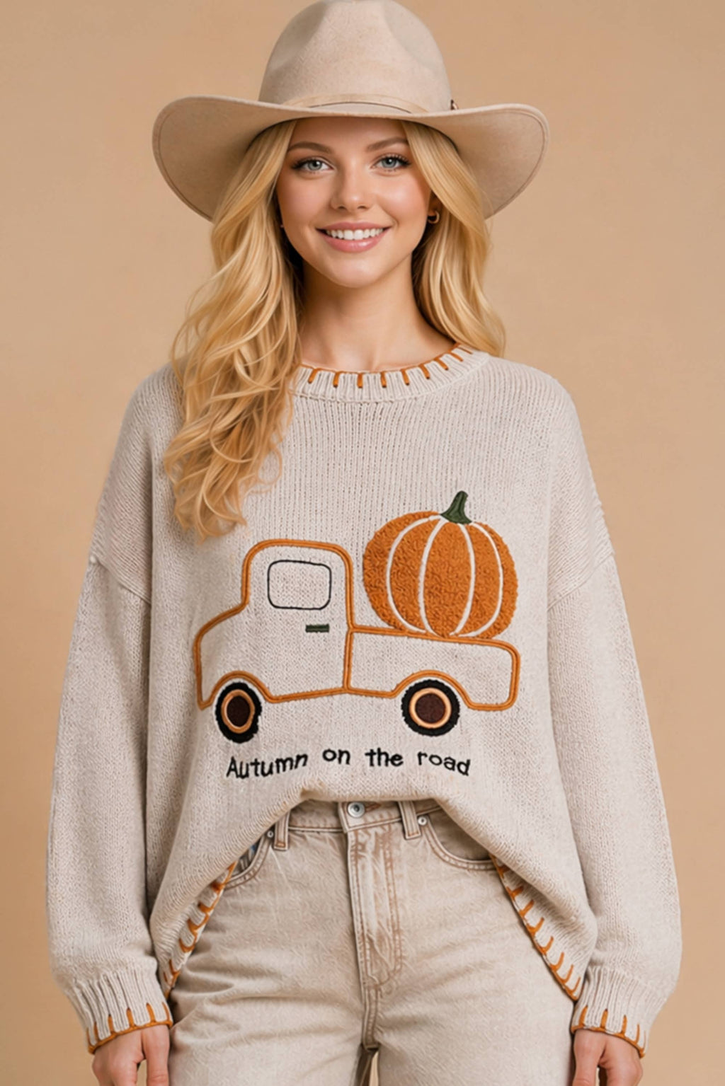 Autumn on the Road Pumpkin Truck Graphic Sweater