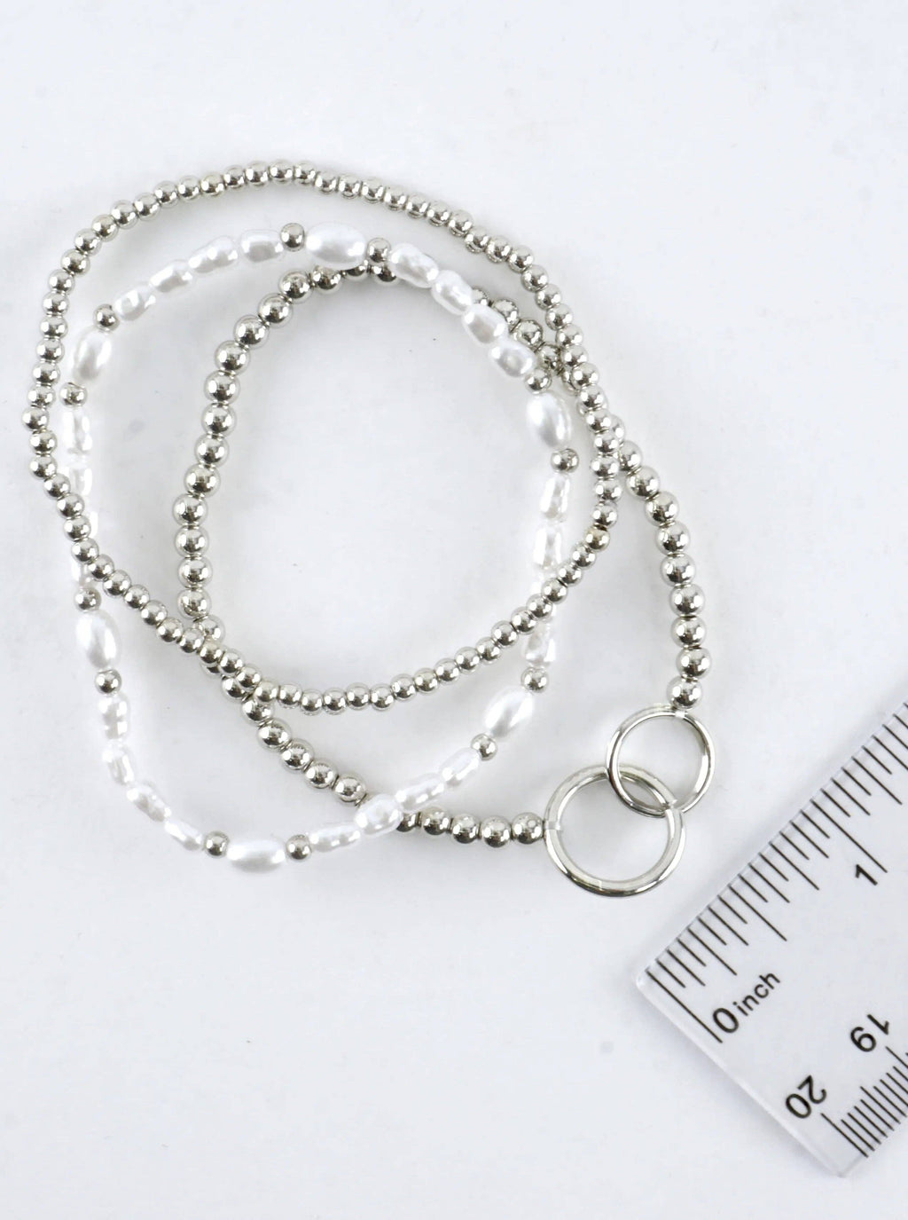 3 PC Set Double Ring Pearl Stretch Bracelets: Rhodium White