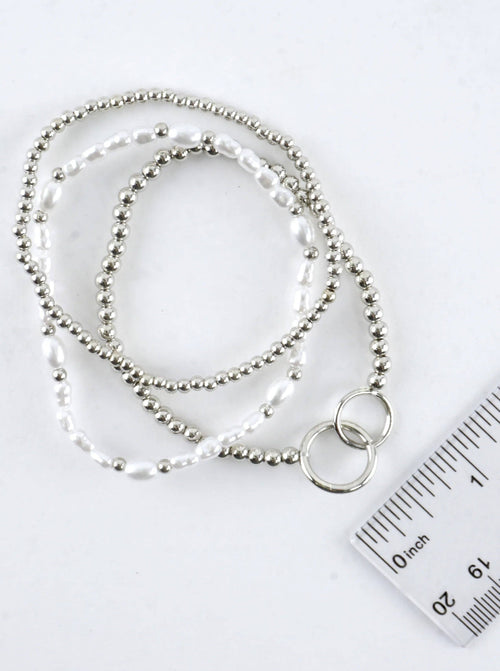 3 PC Set Double Ring Pearl Stretch Bracelets: Rhodium White
