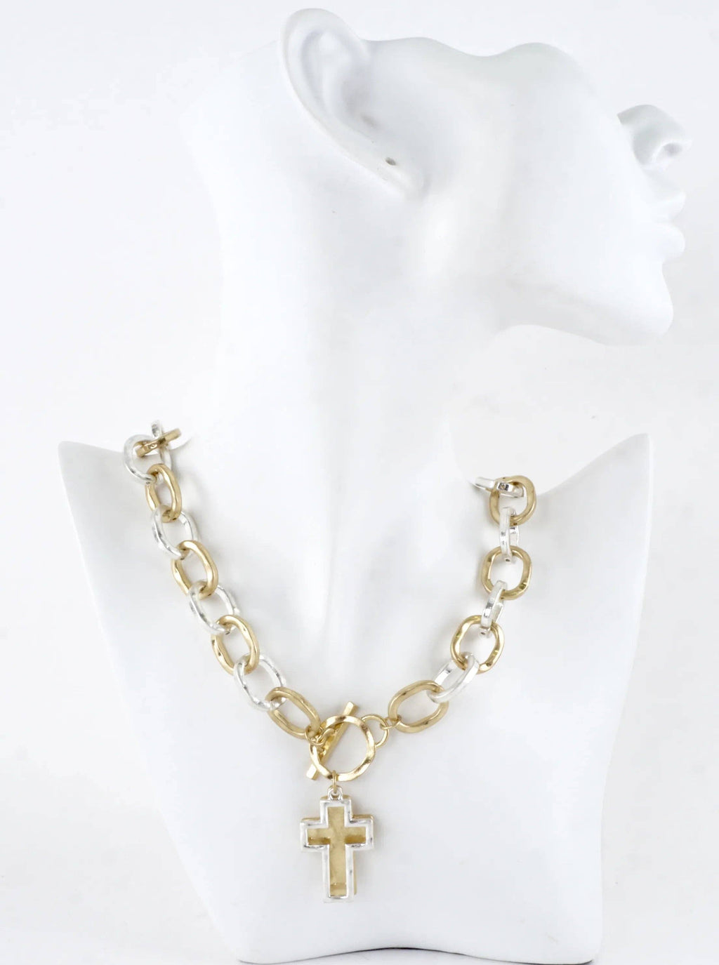 Chunky Hammered Two Cross Toggle Pendant Necklace: Worn Gold Silver
