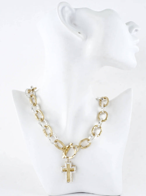 Chunky Hammered Two Cross Toggle Pendant Necklace: Worn Gold Silver