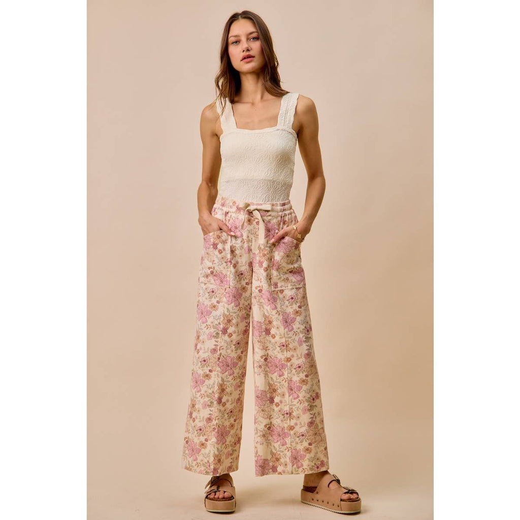 FLORAL COTTON TWILL ELASTICIZED WAIST WIDE PANTS: BLUSH PINK