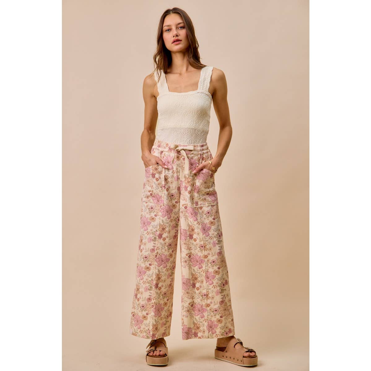 FLORAL COTTON TWILL ELASTICIZED WAIST WIDE PANTS: BLUSH PINK