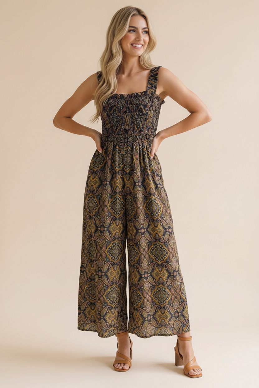 Frilled Paisley Smocking Wide Leg Jumpsuit