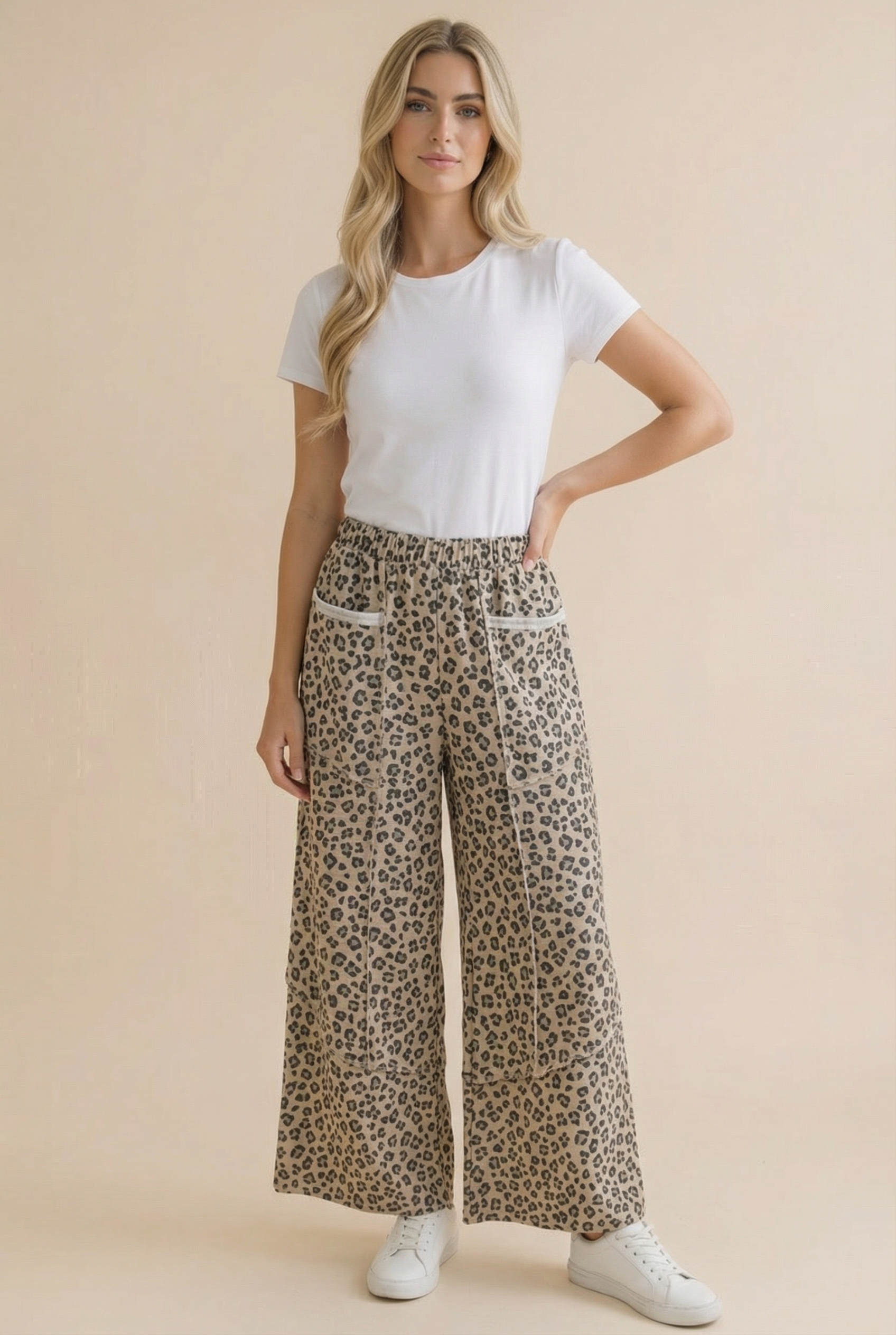 Leopard French Terry Wide Leg Pocket Pants: GREY