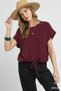Drawstring Linen Blend Top: Merlot