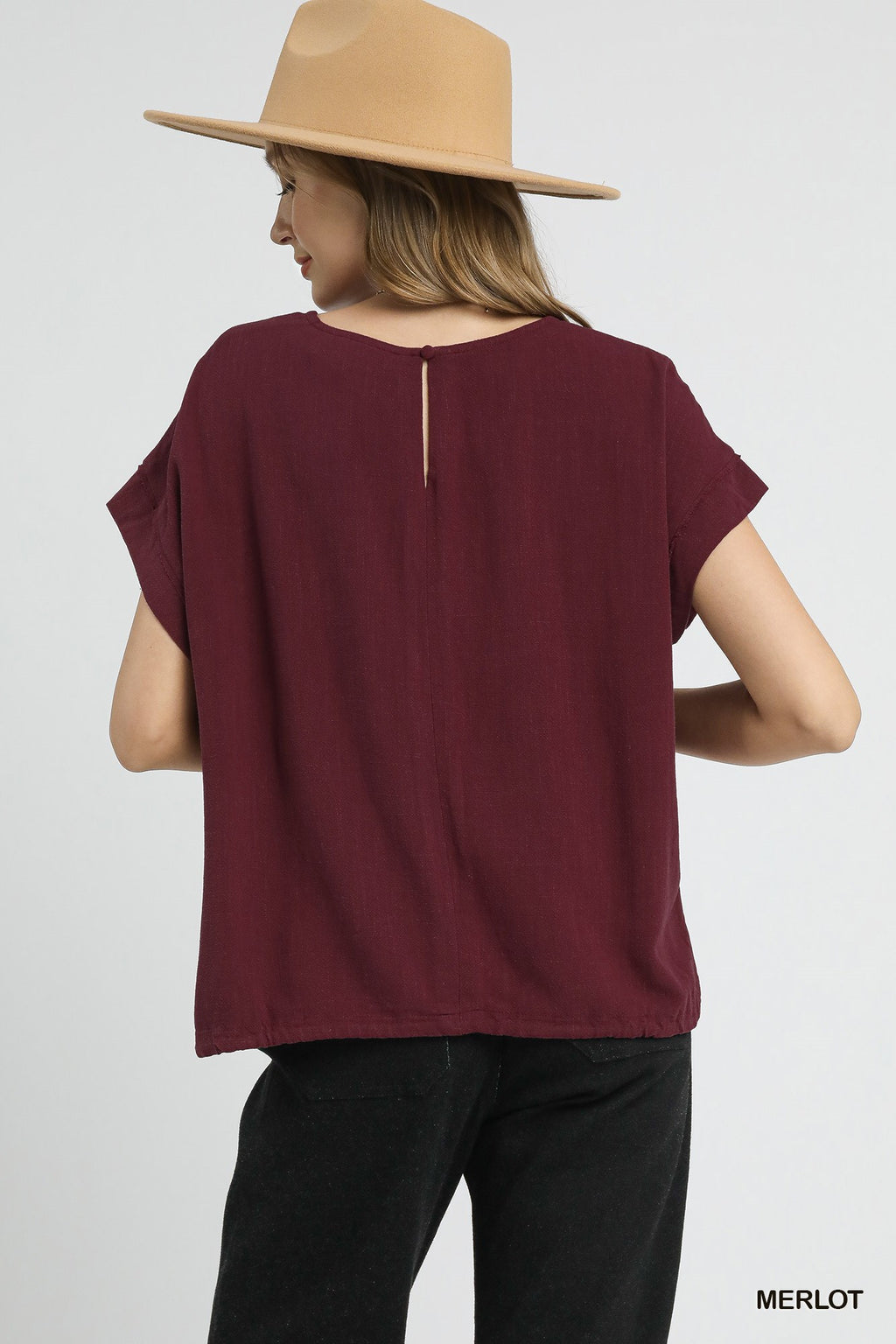 Drawstring Linen Blend Top: Merlot