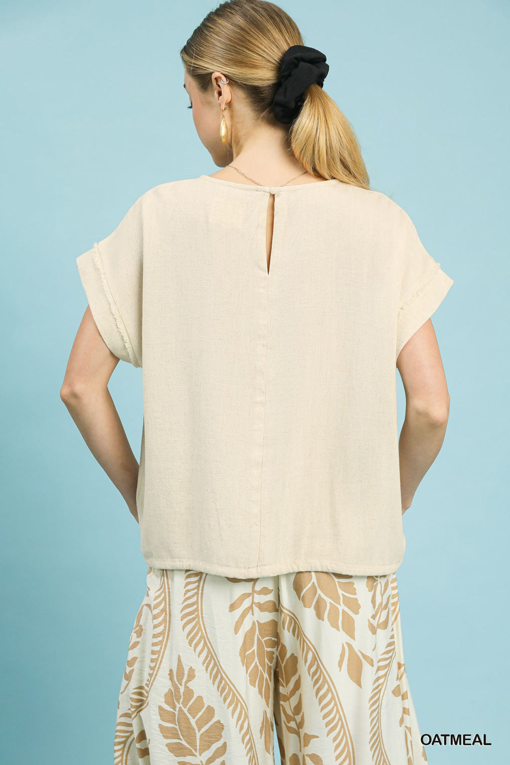 Drawstring Linen Blend Top: Oatmeal