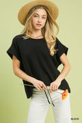 Drawstring Linen Blend Top: Black