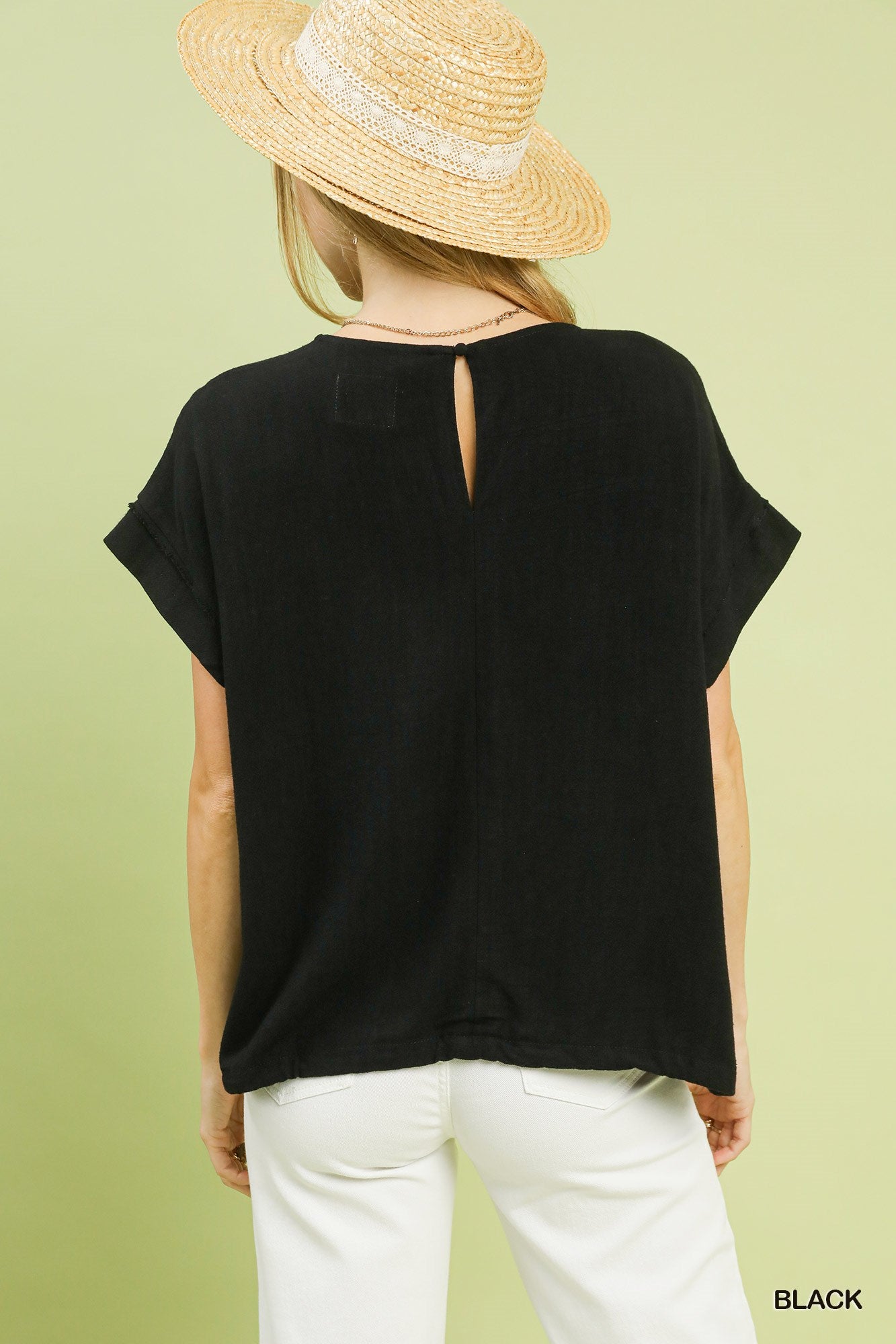 Drawstring Linen Blend Top: Black