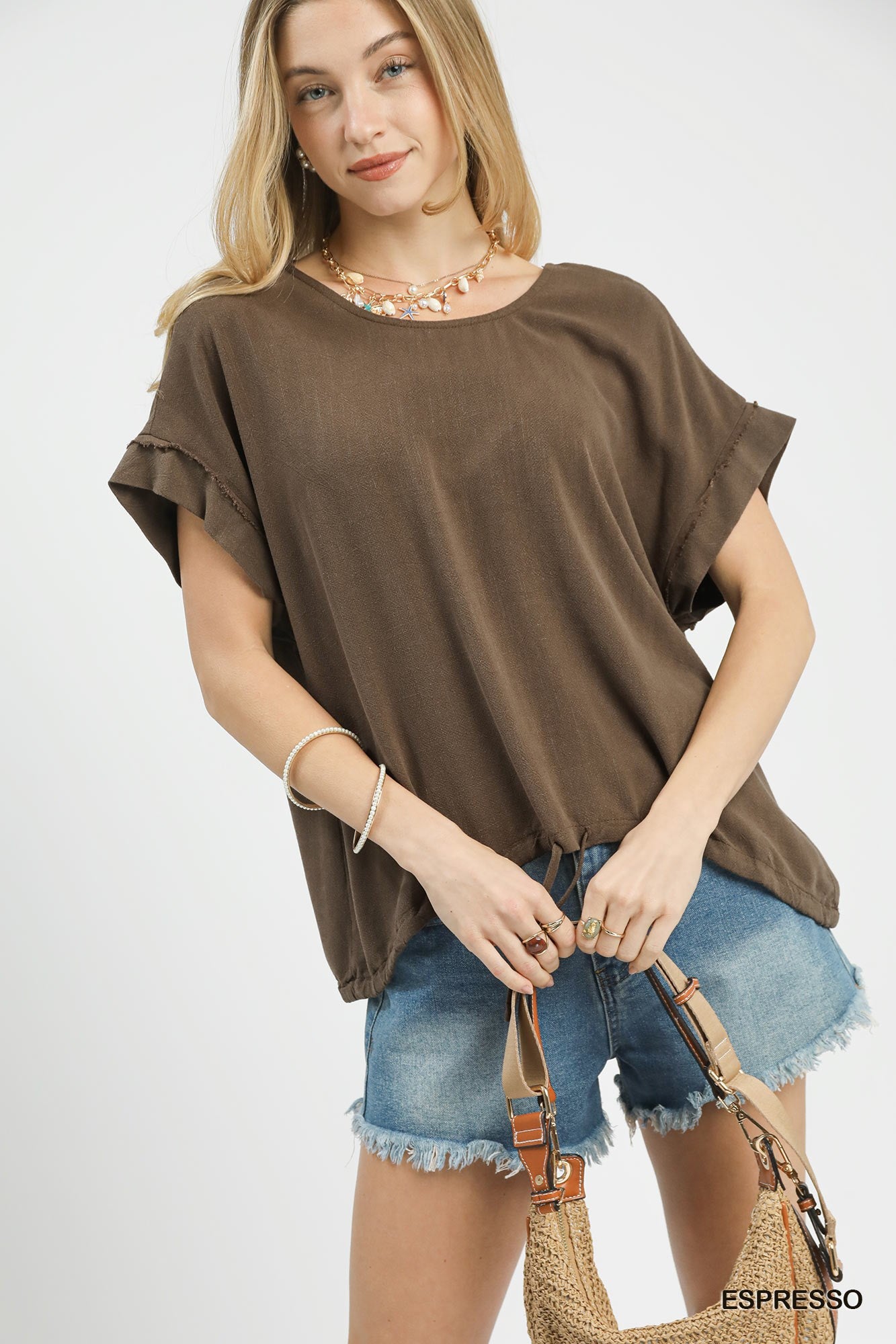 Drawstring Linen Blend Top: Espresso