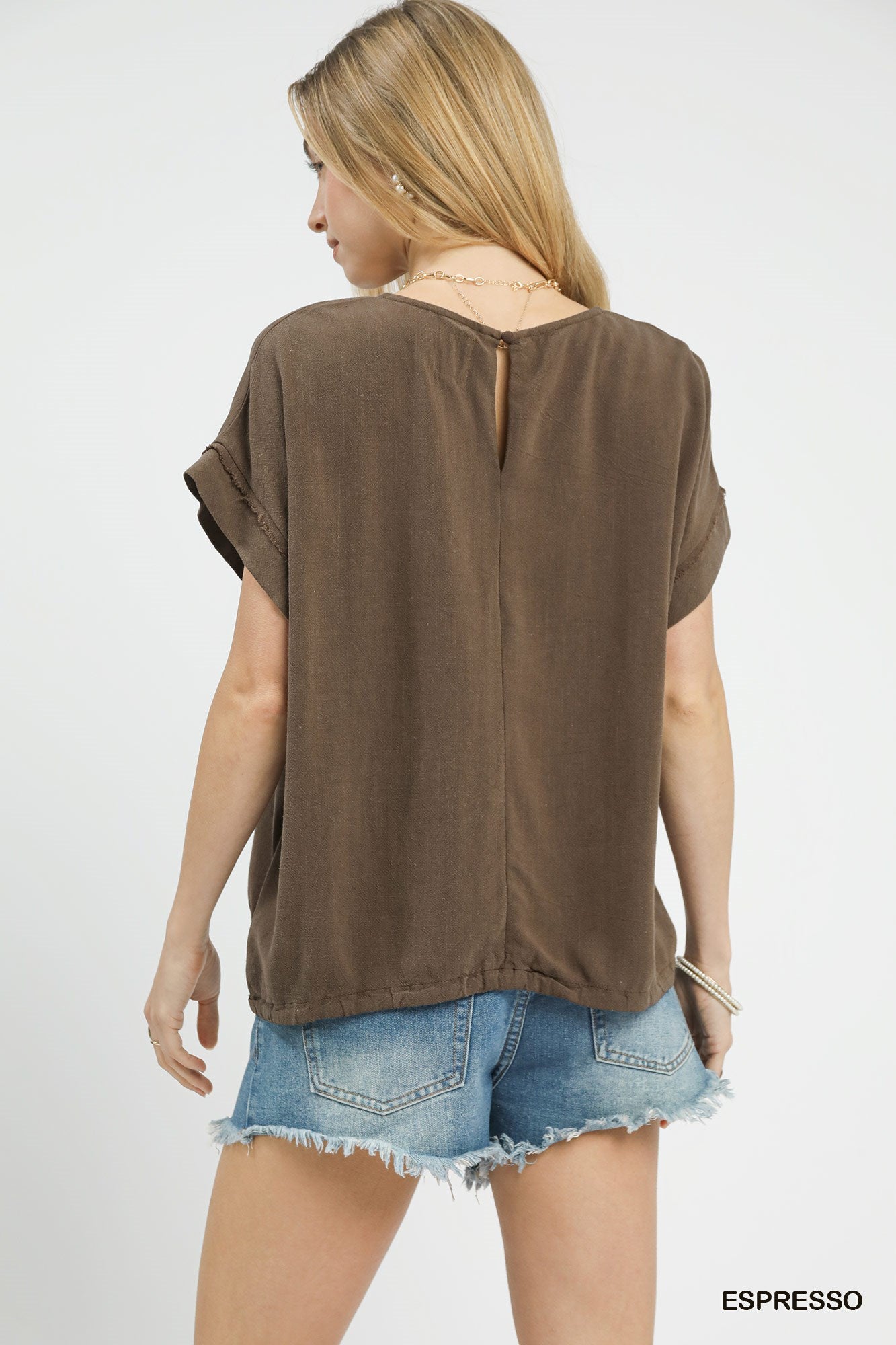 Drawstring Linen Blend Top: Espresso