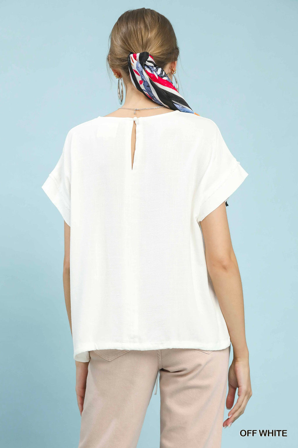 Drawstring Linen Blend Top: Off white