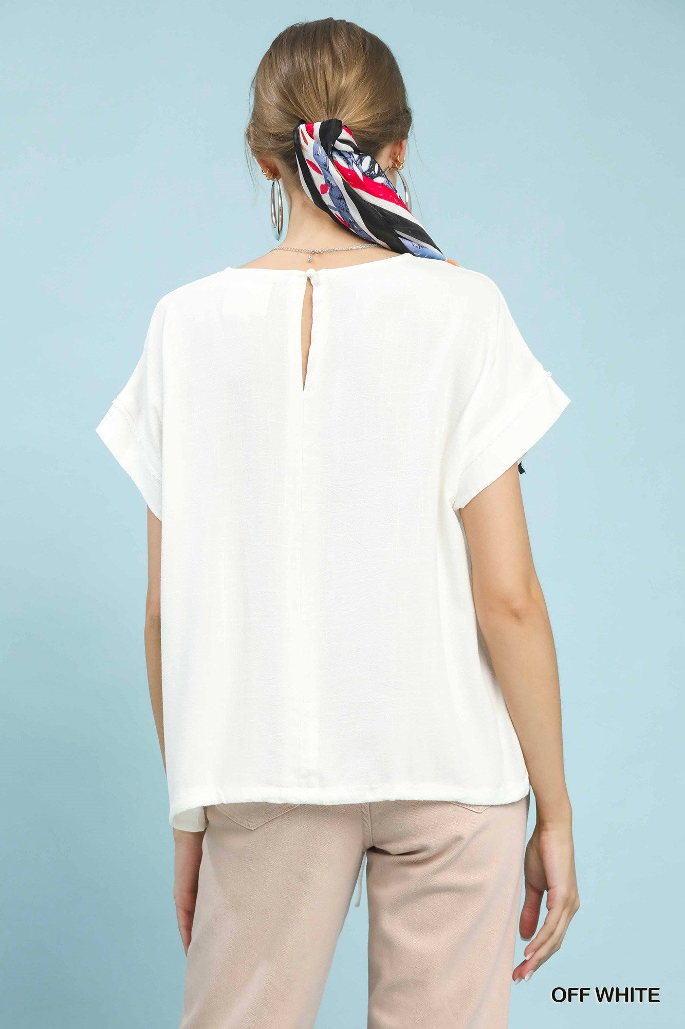 Drawstring Linen Blend Top: Off white